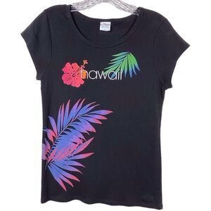 CRAZY SHIRTS Girls Hawaii Floral T-Shirt Size Large Black Cap Sleeve EUC